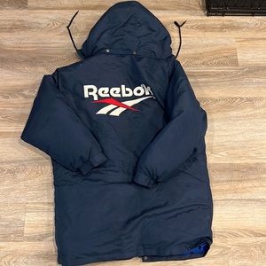 Vintage 90s Reebok Jacket NFL Sideline Blue Long Puffer Coat Medium Heavy Logo